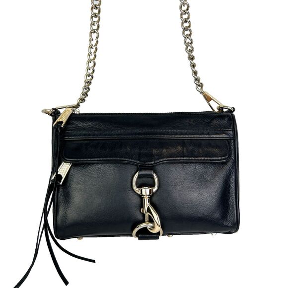 Rebecca Minkoff Mini Mac Black Leather Crossbody Bag Gold HW Chain Strap Purse - Picture 1 of 16